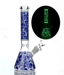 Glow in the dark 10 inch beaker bong hand painting skull glass water pipe 5MM thick dab rigs oil rigs cool recycler9593494