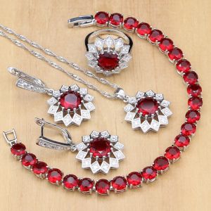 Set Fiore Argento 925 Gioielli Pietre rosse Set di gioielli in cristallo bianco per orecchini da donna/pendente/anelli/braccialetto/collana