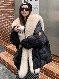 Coats Janveny Big Luxury Real Fox Fur Collar 2023 Women Winter Down Jacket 90% Duck Down Coat Puffer Feather Female Parka Snow Outwear