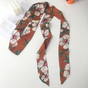 Lenços pescoço cachecol colorido flor impressão de seda falsa para mulheres bolsa de luxo decoração acessório de cabelo com streamer de tecido liso
