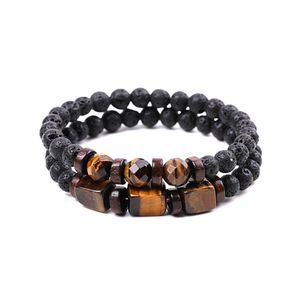 Sektion Square Tiger Eye Pärlor Strand Wood Partition 6mm Black Volcanic Stone Par Set Armband