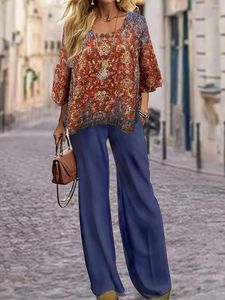 Kvinnor s två bit byxor mode topp set o hals halva ärm tryckta skjortor fast färg bred ben långa byxa kvinnliga vårkläder