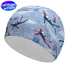 Custom swim cap HD pattern High elasticity Comfortable fit Safe UV protection suitable for adults children Long hair short hair 92% polyester + 8% spandex 118g grey blue