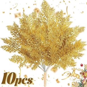 Dekorativa blommor 1-10st konstgjorda tallgrenar Xmas trädprydnader glitter guld paljett lämnar falska växter julfest heminredning
