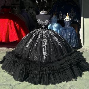 럭셔리 블랙 퀸 네라 드레스 코르셋 가운 계층 러플 아플리케이