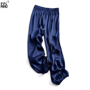 Capris elegante baggy seda calças de perna larga na moda cintura elástica tornozelo feixe pés calças verão fino solto chiffon harem calças femininas