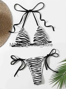 Mulheres Swimwear Sexy Zebra Listrado Biquíni Mulheres Halter Push Up Triângulo Swimsuit Brasileiro Verão Banheira Micro 2024 NataçãoH24222