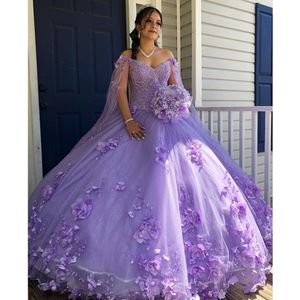 Quinceanera klänningar med Cape pärlstav 3D -blommor formella prom födelsedagsklänningar snörning prinsessa söt 15