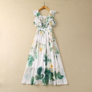 2024 Summer White Floral Print Ruffle Dress Sliver Line Off Axel Square Neck Paneled Midi Casual Dresses S4F210221