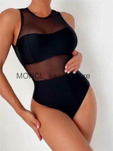 Women's Swimwear Sexy See Through One Piece Swimsuit 2023 Women Solid Black Mesh Transparent Hollow Out Backless Bathing Suit BeachwearH24222