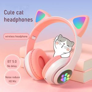 Fones de ouvido led flash bonito orelhas de gato sem fio fone de ouvido com microfone estéreo bluetooth suporte tf cartão sd jogar para crianças menina música presente