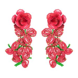 Dangle & Chandelier New Esigner Drop Earrings Jewelry Personality Deep Pink Flower Beads Tassel Big Statement Fashion Party Women Dan Dhib1