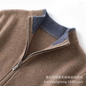 Мужские свитера, осенне-зимний свитер из чистого кашемира, вязаный кардиган на молнии с полувысоким воротником, однотонное шерстяное верхнее пальто