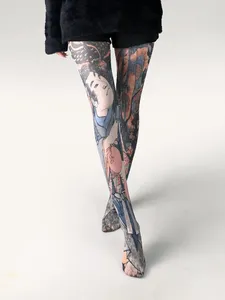 Calzini da donna Collant stampato con graffiti da donna Collant senza cuciture Collant senza cuciture Calze lunghe a vita alta elasticizzate sexy femminili 2024