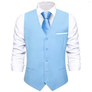 Men's Vests Light Blue Mens Solid Wedding V-Neck Silk Waistcoat Tie Hanky Cufflinks Sets For Male Business Party Designer Gifts Hi-Tie