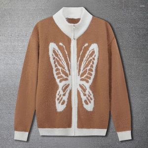 Herrtröjor 2024 Koreanska män fjäril tryckning cardigan casual kontrast färg knitte tröja lösa långärmad kappa