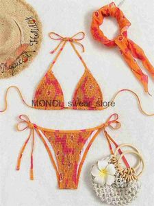 Mulheres Swimwear Sexy Band 3 Peça Bikini Set Mulheres Laranja Floral Impressão Plissado Push Up Micro 2024 Terno de Banho Laço Lado Thong SwimsuitH24222