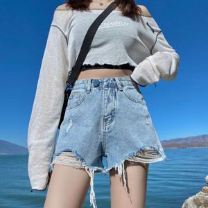 HEY+JEANS Retro Distressed Denim Shorts für Frauen 2023 Sommer Neue Hohe Taille Abnehmen Lose Bein Hot Pants