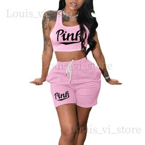 Women's Two Piece Pants Pink Shorts Sets Fashion 2 Two Piece Tracksuits Outfits Letter Pink Print O Neck Sleeveless Crop Top Short Pants Set Sporty T240222