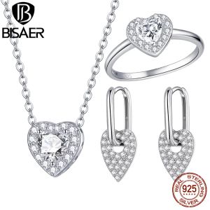 Set BISAER Set di gioielli in argento sterling 925 con dichiarazione di cuore Trasparente brillante CZ Anello di promessa Collana Orecchini Donna Matrimonio di lusso