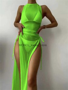 Costume da bagno donna sexy senza maniche in rete bikini coprente verde solido abito bianco costume da bagno 3 pezzi trasparente costume da bagno da spiaggia perizoma 2023H24222