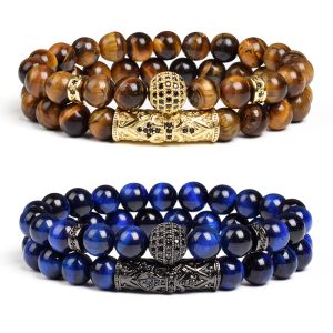 Armband 8mm Tiger Eye Stone Beads Armband Elastic Natural Stone Yoga Armband For Women Men Cubic Zirconia Balls 2st Set Smyckesgåvor