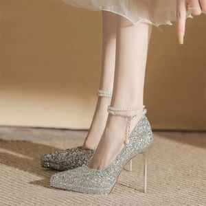 Scarpe eleganti String Bead Tacchi alti Donna Bling Punta a punta Estate 2024 Designer Luxury Party Pumps Femme Zapatos