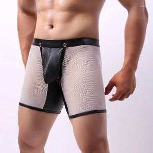 Underpants Men Shorts Mesh Transparent PU Leather Button Open Crotch Boxer Lingerie BuGay Panties Wetlook Clubwear Plus Size