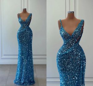 Stunning Blue Sequined Prom Dresses Sexy V Neck Sleeveless Mermaid Evening Gowns Bling Beads Sequins Long Robes