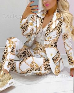 Women's Two Piece Pants 2023 New Fashion Women 2 Pieces Chain Print Blazer Coat Pants Suit Sets Without Belt Femme Jacket Trousers Office Lady Outfits T240222