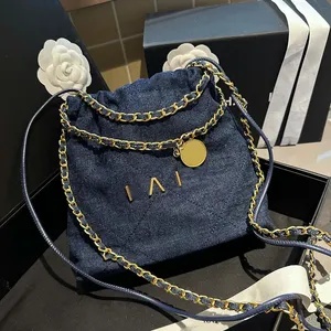 Blue Denim Women Designer Mini 22 Bag Garbage 23cm Letters Princed Gold Coins Charm Matelasse Chain Leisure Cross -Body Budcury Ruxury Purse