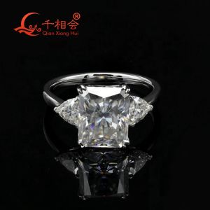 Anelli 7 * 9mm taglio radiante D vvs bianco moissanite s925 con fascia da trilioni Anello in argento sterling Anelli gioielli Regalo di fidanzamento