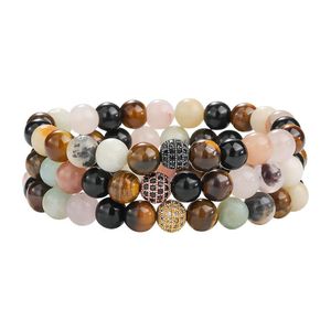 Charm Bracelets Handmade 8Mm Tiger Eye Natural Stone Beads Bracelet For Women Men Elastic Copper Inlaid Micro Zircon Jewelry Gift Dro Dh0Vf