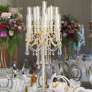 結婚式のテーブルセンターピースのためのクリスタルシャンデリア装飾スタンド卸売カスタムウェディングデコレーション7アームズガラスハリケーンゴールドクリスタルキャンドルスタンド