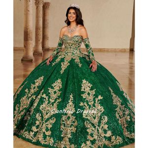 Green Detachable Long Sleeve Ball Gown Quinceanera Dress With Gold Appliques Ruffles Vestido De 15 Anos Sweet 16 Prom Party Gown