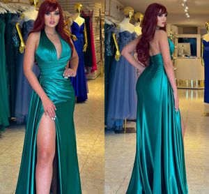 Mermaid Sexy Turquiose Prom Vestidos Longos para Mulheres Negras Halter V Pescoço Dobrado Prega Denúncias do Piso Desgaste da noite de festas de aniversário Vestidos especiais de OCN