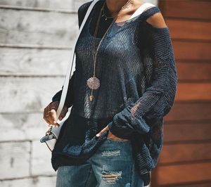 肩のセーターの長い女性パンクホロー薄い穴セータープルオーバージャンパークール壊れたニットセクシーなセータースリットトップ2016238058