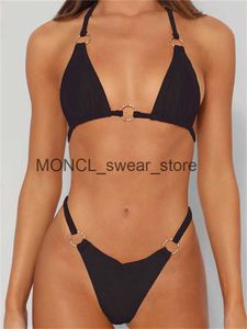 Mulheres Swimwear Sexy Micro Bikini 2023 Mulheres Sólidas Anel Preto Ligado Oco Out Push Up Swimsuit Verão Banheira Terno Thong BeachwearH24222