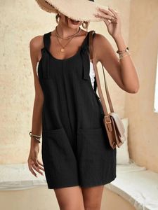 Sommer-Jumpsuit für Damen, kurz, locker, ärmellos, weites Bein, einfarbig, lässig, täglicher Banggy-Strampler mit Taschen, Schwarz 240219