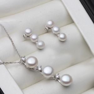 Imposta set di perle naturali reali al 100% da donna, set di orecchini con collana di perle d'acqua dolce da sposa, regalo di fidanzamento