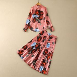 2024 Summer Pink Floral Rose Print Two Piece Dress Set Long Sleeve Lapel Neck Single-Breasted Blus med veckad Mid-Calf-kjol Set 2 Pieces Suits S4F210221