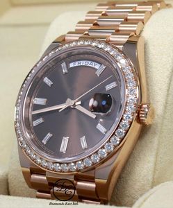 2024 New Style Luxury 18k Rose Gold Gold Watch Automatic Watch with Chocolate Baguette Dial ، حركة الياقوت 40 مم ساعات معصم النهار