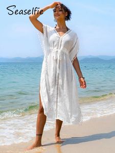 Women's Swimwear SEASELFIE V-neck Tassel Bikini Cover Up For Women White Drawstring Waist Loose Beach Kaftan 2024 Holiday Midi Dress