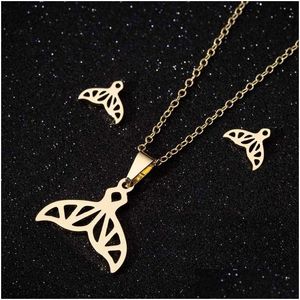 Pendant Necklaces High Quality Jewelry Set Stainless Steel Gold Sier Rose Plated Women Pendant Necklace Mermaid Tail Earring Dhgarden Dhpqu