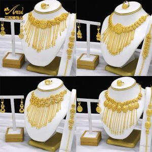 Necklaces Aniid Indian Tassel Gold Plated Necklace Set Nigerian Party Bridal Wedding Ethiopian Dubai Jewelry Set Wholesale New