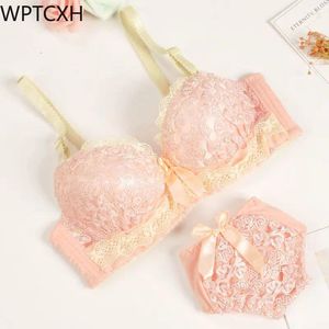 Conjuntos de sutiãs japonês sexy lingerie conjunto menina estudante roupa interior renda sutiã e briefs doce arco underwire peito reunindo push-up sutiã