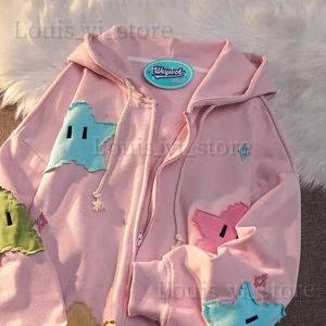 Kadın Hoodies Sweatshirts Harajuku Zip Hoodies Kadınlar Günlük Vintage Yıldız Patchwork Nakış Uzun Kollu Büyük Boy Ceket Kats Y2K Kapüşonlu Sweatshirt T2402