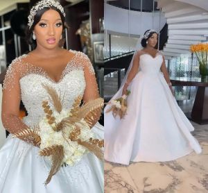 African Arabic Plus Size Wedding Dresses Sheer Long Sleeves Beads Pearls Illusion Jewel Neck Brdial Gowns Custom Made Maternity Robes de mariage BC18098