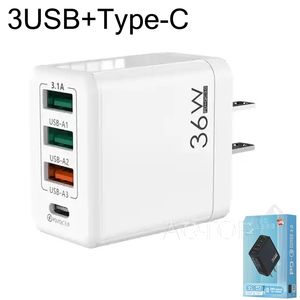 3USB + 1 Type-C, многопортовые настенные адаптеры, 36 Вт, зарядное устройство для телефона и ноутбука, адаптированное к ЕС/США/Великобритании для смартфонов iPhone Samsung