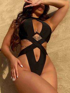 Mulheres Swimwear Sexy Black Underwire One Piece Swimsuit 2024 Halter Cross Hollow Out Thong Biquinis Mulheres Lace Up Backless Bathing Suth24222